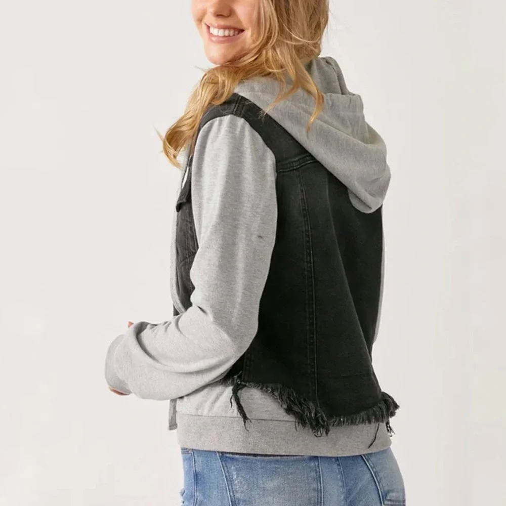 Risen Layered Denim Jacket Removable Hood Womens 2XL Black Distressed Gray Terry